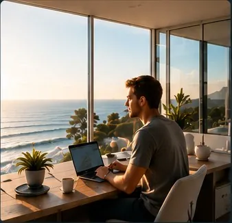 Man working in a bright coastal home